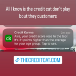 Screenshot of a mobile phone displaying credit scores from Credit Karma with a backdrop of mathematical equations